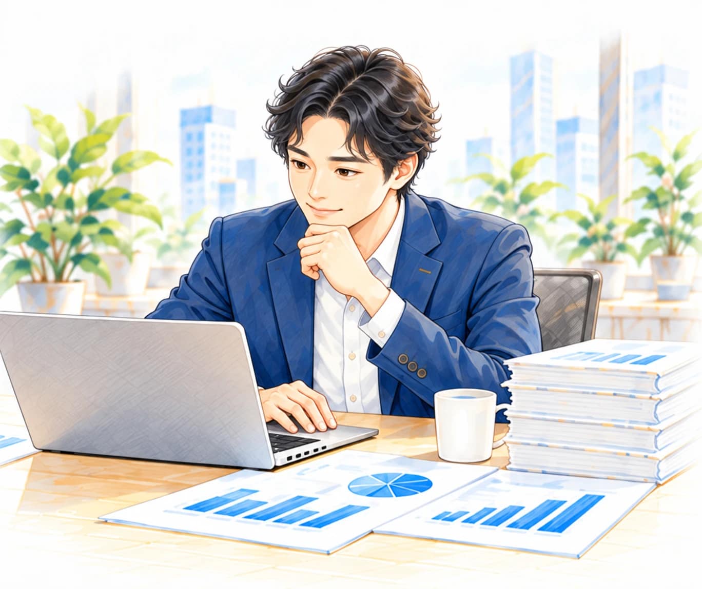 完成した報告資料と、仕組みを継続利用する経営者。