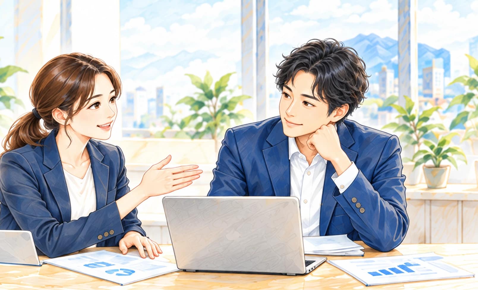 資料を見ながら次の仕事について話し合う、男性の経営者と女性の開発担当者。