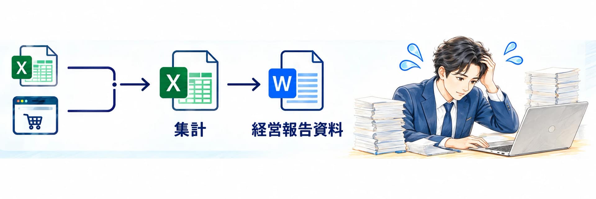 これまでは売上ExcelやECサイトのデータを手作業で集め、Excelで集計し、Wordの経営報告資料を作成。