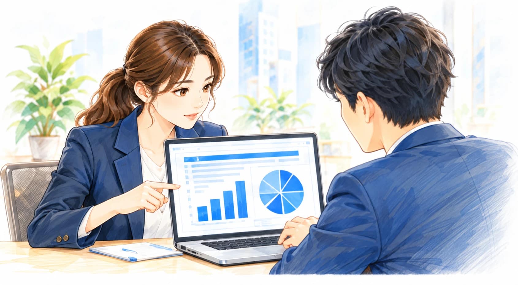 完成した仕組みの画面を一緒に確認し、改善を相談する場面。
