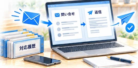 問い合わせを受信し、対応履歴を参照して返信する流れ。